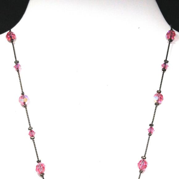 Dabby Reid Pink Swarovski Crystal Necklace, AB Beads, Dark Chain Vintage Jewelry - Picture 5 of 10
